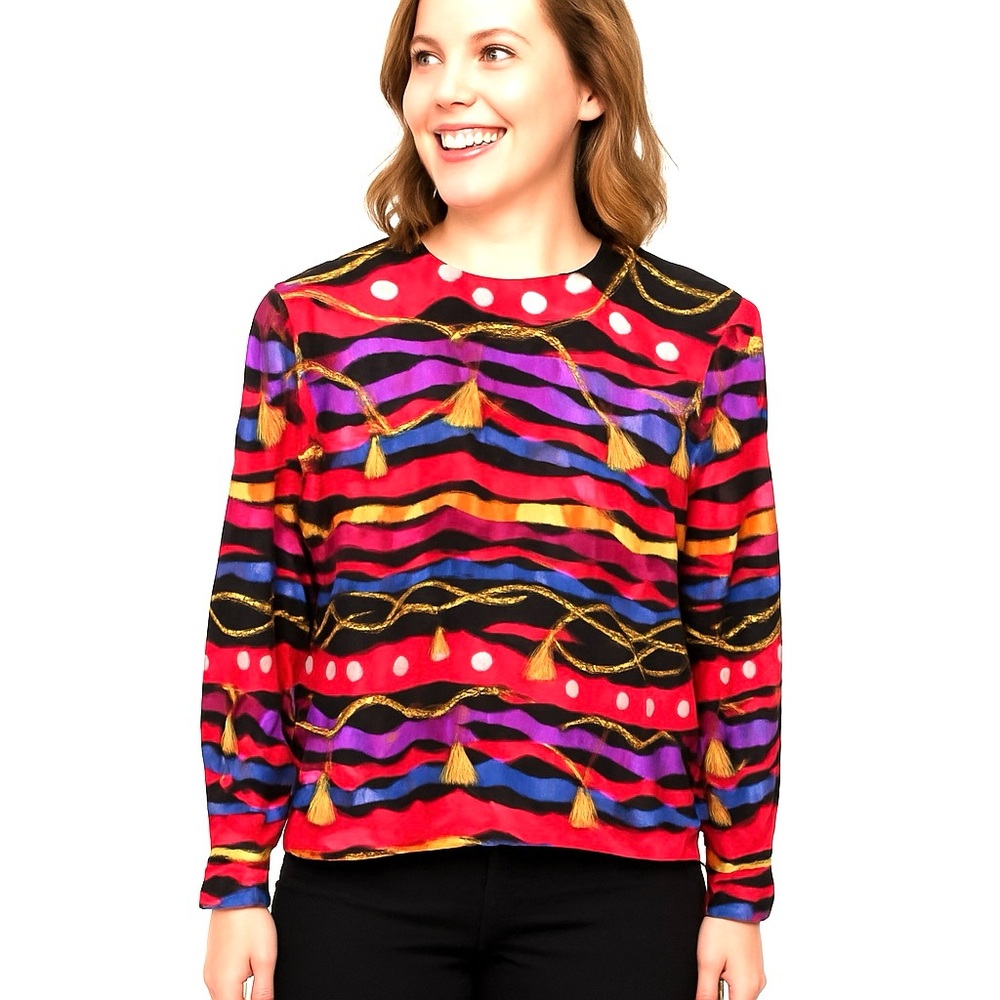 Vintage Maggy London 100% Silk Multicolored Printed long sleeve Blouse, Size‎ 8